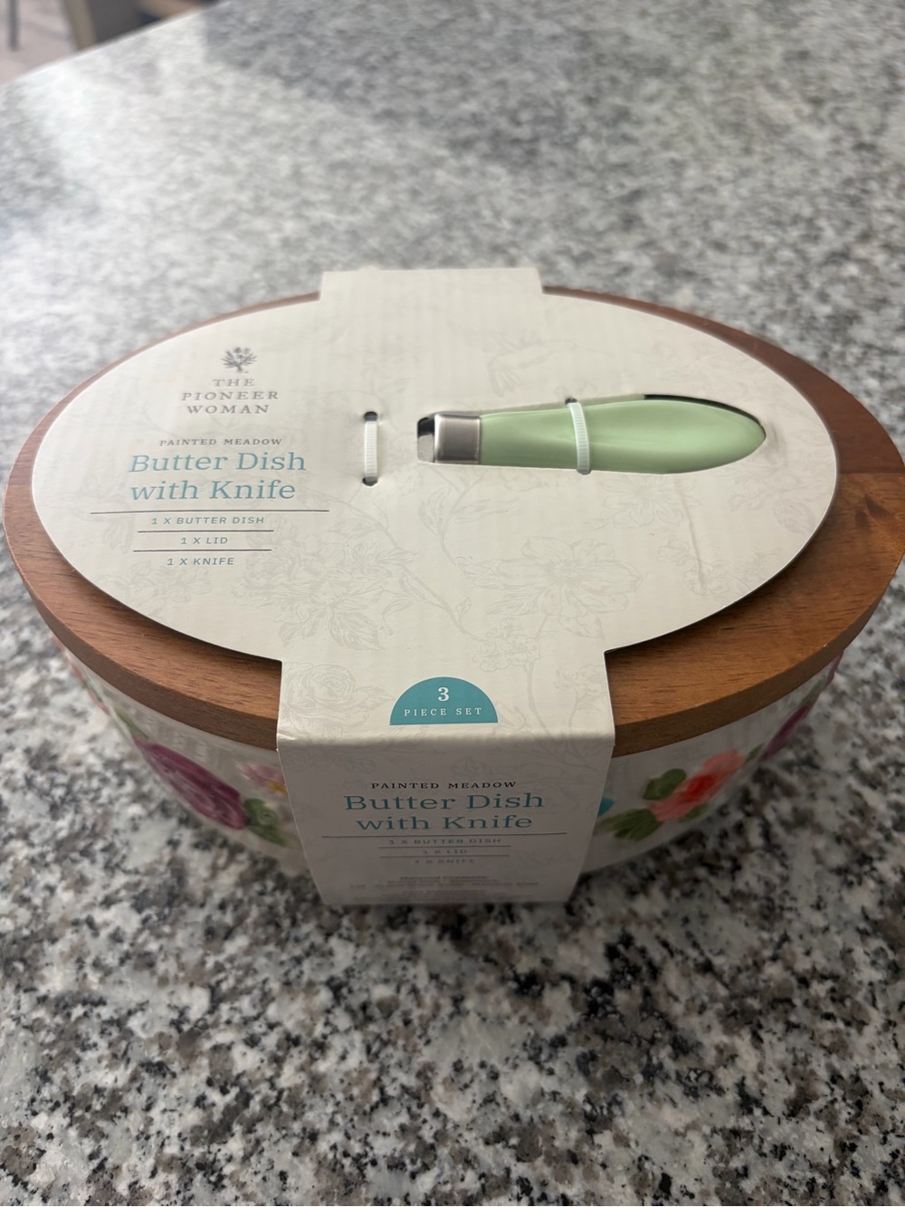 The Pioneer Woman Painted Meadow Butter Dish Set in Light Green and Wood - Picture 2 of 2